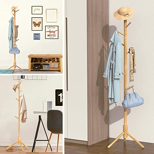 Pipishell Coat Rack Sturdy Wooden Coat Rack Stand, Adjustable Coat Tree, Free Standing Tree Hanger with Sections Hooks, for Home, Bedroom,