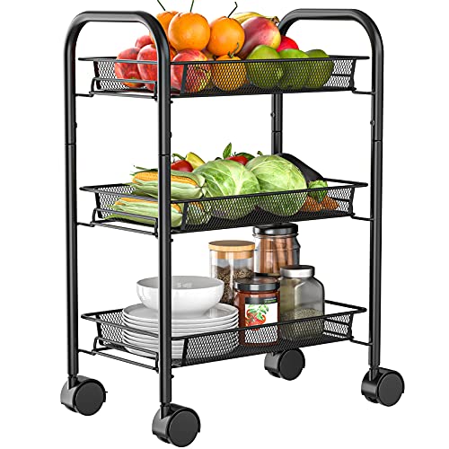Pipishell 3-Tier Rolling Cart with Wheels - Rolling Storage Cart with  Hanging Cups & Hooks - Mobile Utility Cart for Office, Kitchen, Craft Room  - Art