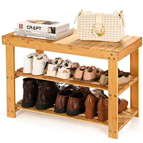 Pipishell Bamboo Shoe Rack Bench, 3-Tier Sturdy Shoe Organizer, Storage Shoe Shelf, Holds
