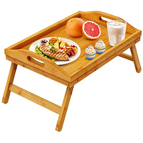 Breakfast in Bed Tray for Eating, 16.92 x 12.6 Inch Bed Table Tray with  Folding Legs & Handles, Bamboo Food Lap Trays Fits for Adult Kids