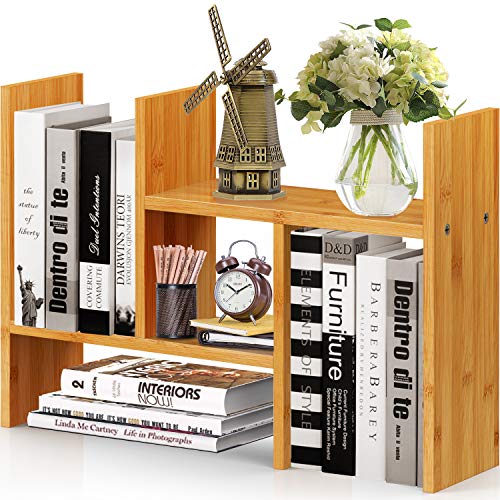 MMdipon Desk Shelf Organizers and Storage, Expandable Mini Bookshelf for  Bedroom, Adjustable Wood Desktop Shelf Black, Home & Office Decor(Bark)