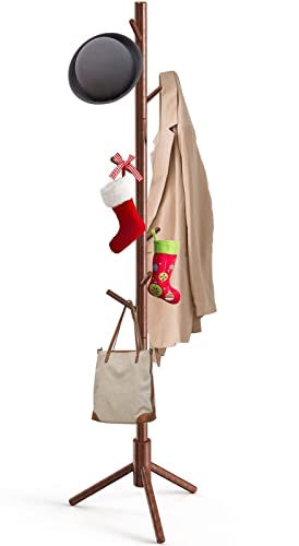 Pipishell Coat Rack, Coat Rack Freestanding with 3 Adjustable Sizes Coat Tree and 8 Hooks, Sturdy Wooden Coat Rack Stand for Cloathes, Hat, Used in Bedroom, Office, Hallway,Bedroom, Brown