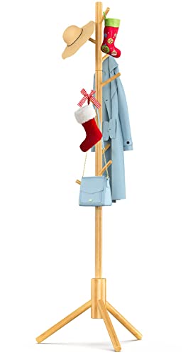 Pipishell Coat Rack Sturdy Wooden Coat Rack Stand, Adjustable Coat Tree, Free Standing Tree Hanger with 4 Sections & 8 Hooks, for Home, Bedroom, Office, Hallway, Entryway