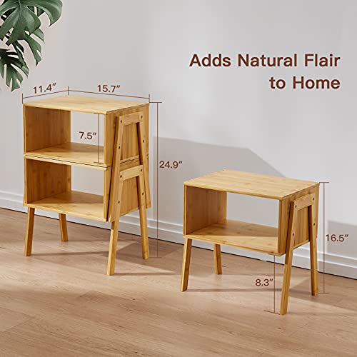 Bamboo Stackable End Tables, Living Room Nightstand, Bedside Tables for Bedroom/Nursery Room/Laundry Room/Study Room Small Spaces Storage by Pipishell, Set of 2