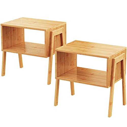 Bamboo Stackable End Tables, Living Room Nightstand, Bedside Tables for Bedroom/Nursery Room/Laundry Room/Study Room Small Spaces Storage by Pipishell, Set of 2
