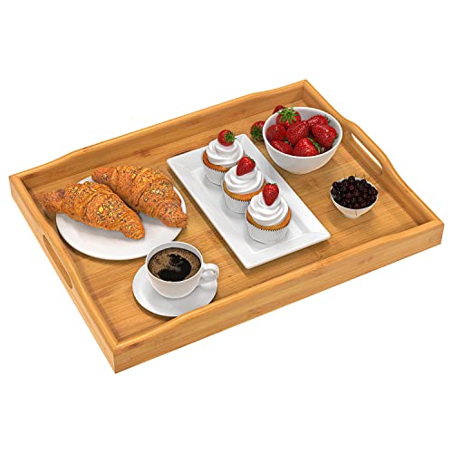 Pipishell Bamboo Serving Tray with Handles Rectangular Wooden Breakfast Tray Works for Eating, Working, Storing, Used in Bedroom, Kitchen, Living Room, Bathroom, Hospital and Outdoors-17x13x2inches
