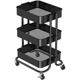 Pipishell 3-Tier Metal Rolling Utility Cart, Heavy-Duty Storage Cart with 2 Lockable Wheels, Multifunctional Mesh Organization Cart for Kitchen Dining Room Living Room (Black)