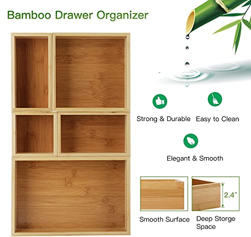 5-Piece Bamboo Drawer Organizer Set, Multi-use Storage Box Set, Varied Sizes Junk Drawer Organizer for Office, Home, Kitchen, Bedroom, Bathroom by Pipishell