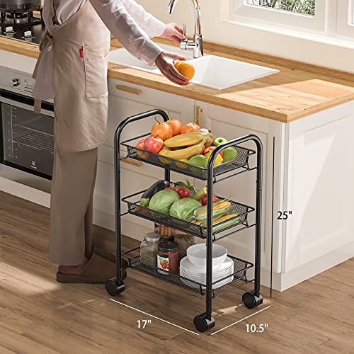 3-Tier Mesh Wire Rolling Utility Cart Multifunction Metal Organization with Lockable Wheels for Home, Office, Kitchen, Bathroom, Bedroom by Pipishell