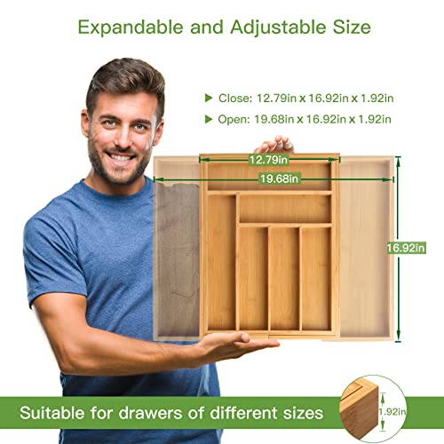 Bamboo Expandable Drawer Organizer for Utensils Holder, Adjustable Cutlery Tray, Wood Drawer Dividers Organizer for Silverware, Flatware, Knives in Kitchen, Bedroom, Living Room by Pipishell