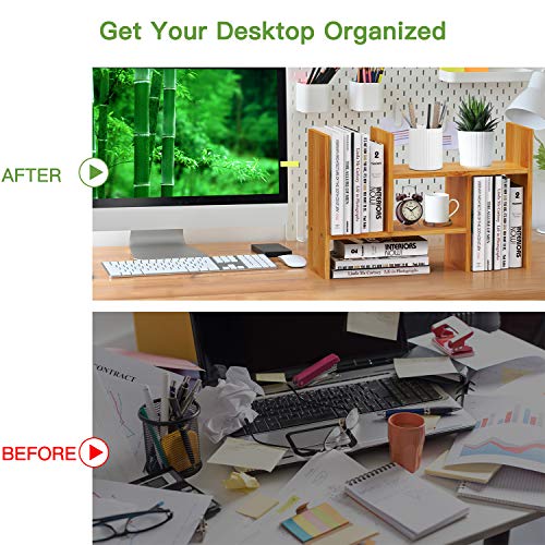 Bamboo Desktop Bookshelf Adjustable Desk Organizer Shelf Storage Rack for Office Supplies and Home Pipishell