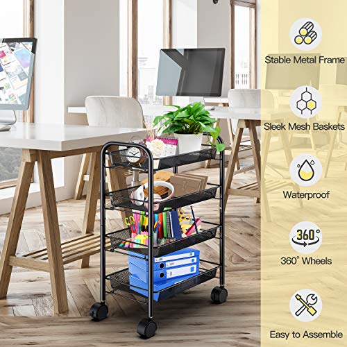 4-Tier Mesh Wire Rolling Cart Multifunction Utility Cart Metal Kitchen Storage Cart with 4 Wire Baskets Lockable Wheels for Home, Office, Kitchen by Pipishell (Black)