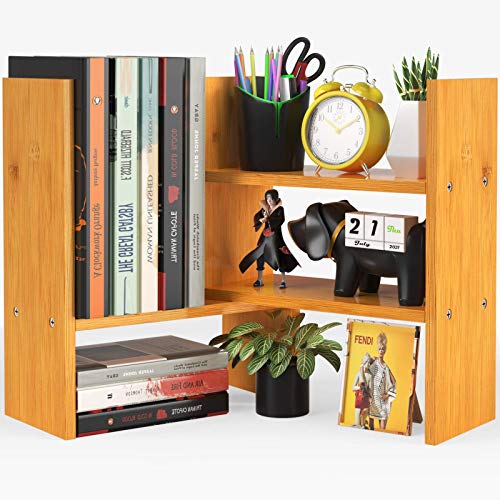 Pipishell Bamboo Desktop Bookshelf Organizer, Large Office Desk Storage Shelf Rack, Natural Wood Adjustable Tabletop Display Corner Countertop Bookcase Shelves for Office Supplies, Home Decor, Kitchen