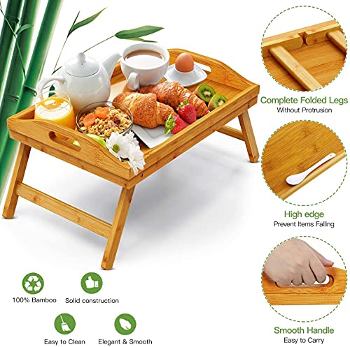 Pipishell Bamboo Bed Breakfast Tray Food Snack Tray with Folding Legs, Used As Lap Tray for Bed, Sofa, Outdoor, Working, Eating, Drawing
