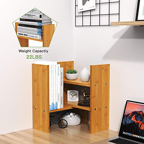 Pipishell Bamboo Desktop Bookshelf Organizer, Large Office Desk Storage Shelf Rack, Natural Wood Adjustable Tabletop Display Corner Countertop Bookcase Shelves for Office Supplies, Home Decor, Kitchen
