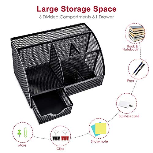 Mesh Desk Organizer Multifunctional Desktop Organizer Office Supplies Holder with 6 Compartments and 1 Drawer for Home Office School Classroom by Pipishell