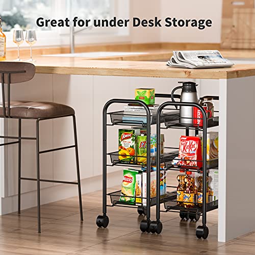Pipishell 3-Tier Rolling Cart with Wheels - Rolling Storage Cart with  Hanging Cups & Hooks - Mobile Utility Cart for Office, Kitchen, Craft Room  - Art