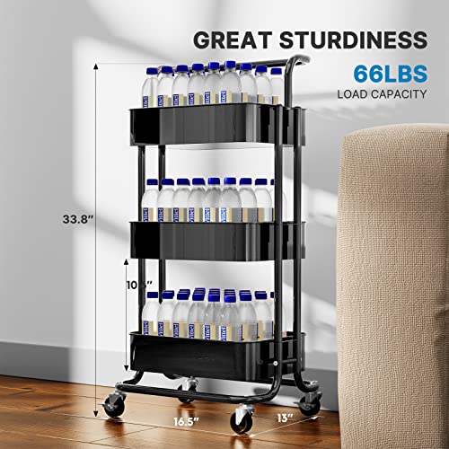 3-Tier Rolling Cart, Metal Utility Cart with Lockable Wheels, Storage Craft Art Cart Trolley Organizer Serving Cart Easy Assembly for Office, Bathroom
