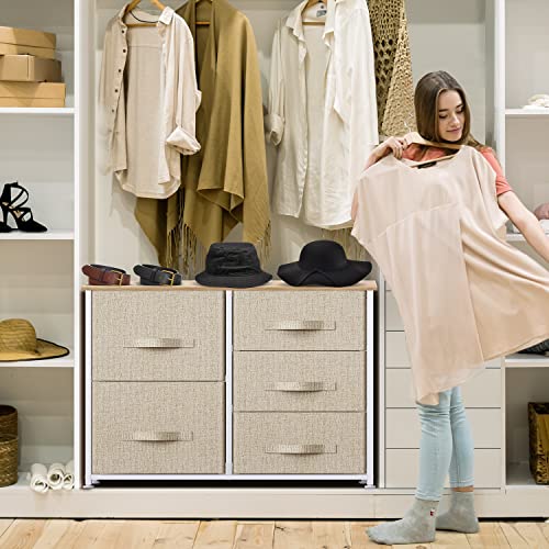 Pipishell Fabric Dresser, 5 Drawer Storage Chest Tower, Organizer Unit for Bedroom, Hallway, Entryway, Closets and Living Room -Sturdy Steel Frame, Wood Top, Easy Pull