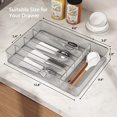 Pipishell Mesh Cutlery Tray 5 Compartments Silverware Drawer Organizer Kitchen Utensils Flatware Storage Drawer Dividers Holder with No-Slip Foam Feet for Knives Fork Spoon and Office Supplies