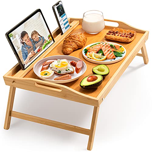 Bamboo Bed Tray,Folding Bed Table Tray with Handles,Breakfast Tray Serving  Tray for Sofa, Bed, Eating, Snacking and Working,Bamboo