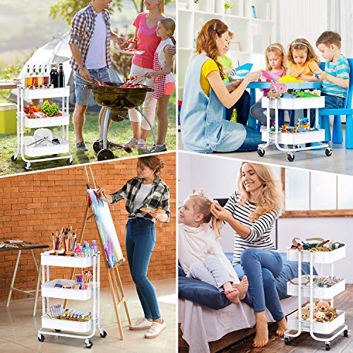 Pipishell 3-Tier Metal Rolling Utility Cart, Heavy-Duty Storage Cart with 2 Lockable Wheels, Multifunctional Mesh Organization Cart for Kitchen Dining Room Living Room (White)
